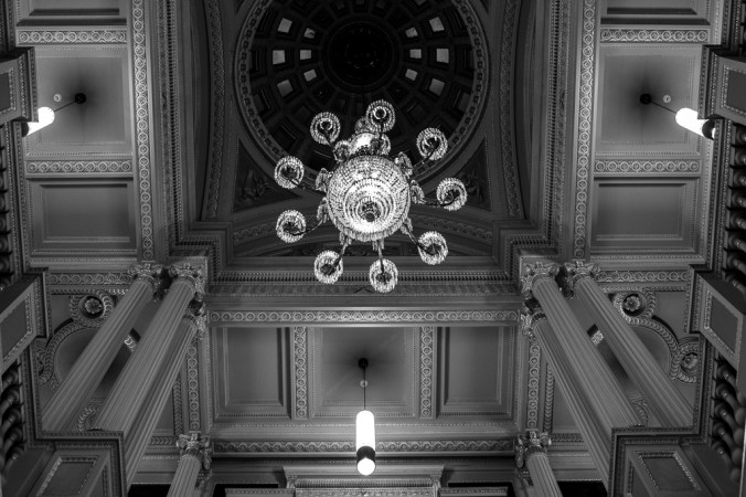 ceiling and chandelier in library